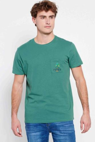 Funky Buddha ανδρικό βαμβακερό T-shirt μονόχρωμο με τσέπη και palm tree print στο στήθος - FBM007-385-04 Πράσινο